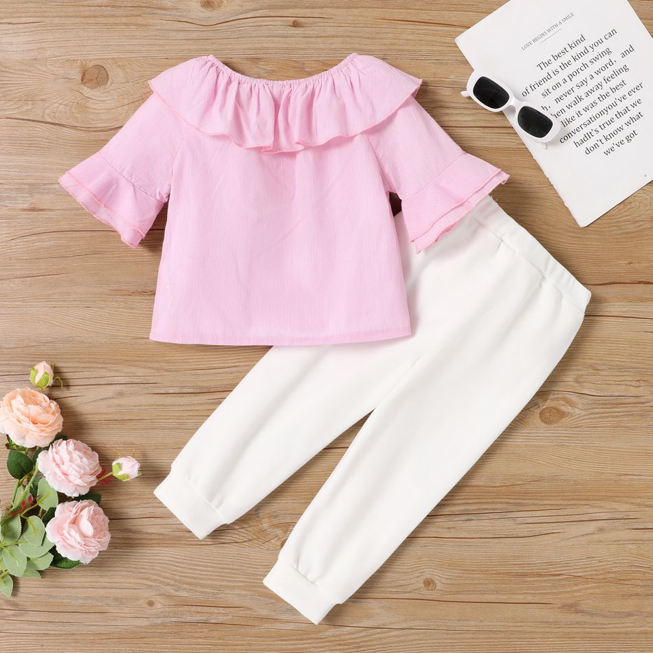 2pcs Toddler Girl 100% Cotton Trendy Stripe Ruffled Top and Ripped Pants Set Pink big image 2