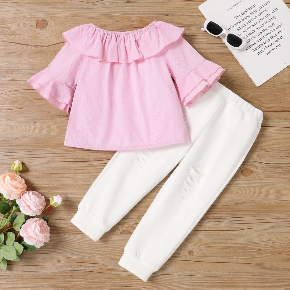 2pcs Toddler Girl 100% Cotton Trendy Stripe Ruffled Top and Ripped Pants Set Pink