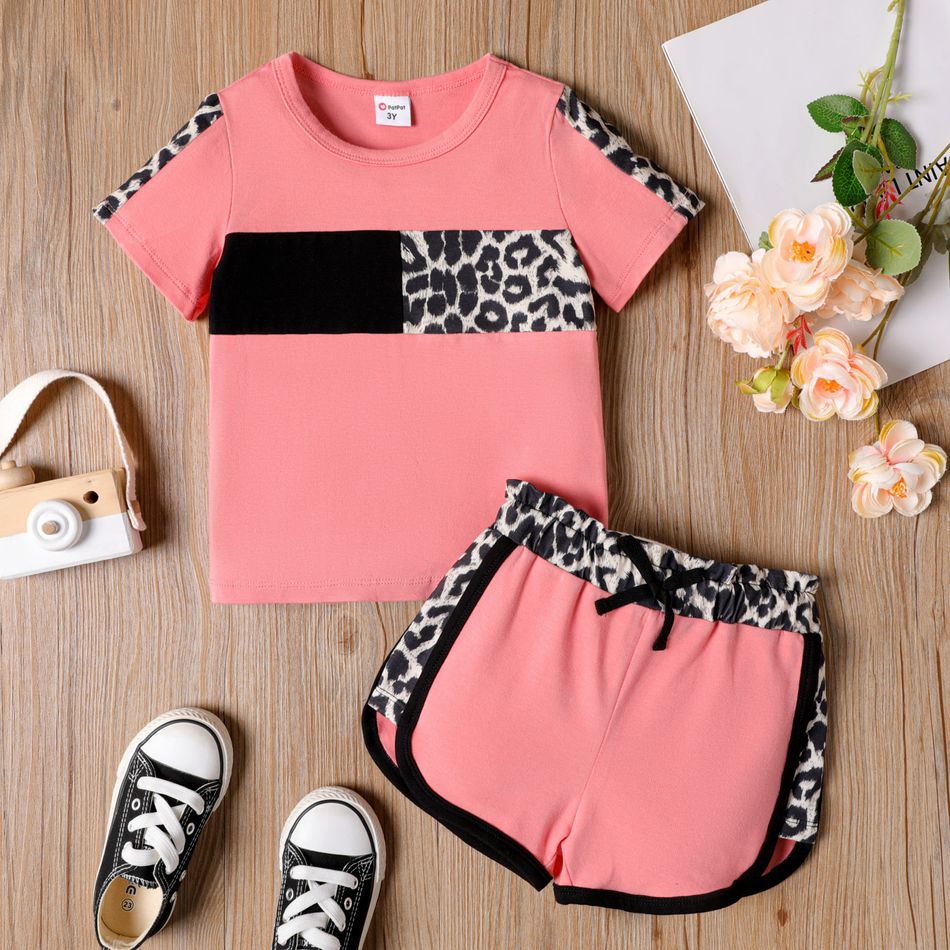 2 Stück Kleinkinder Mädchen Stoffnähte Lässig Leopardenmuster T-Shirt-Sets rosa