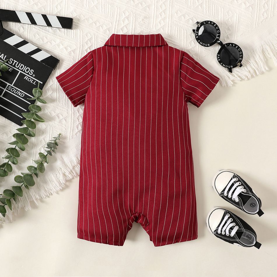 Valentine's Day Baby Boy Bow Tie Decor Red Striped Short-sleeve Romper Red big image 2