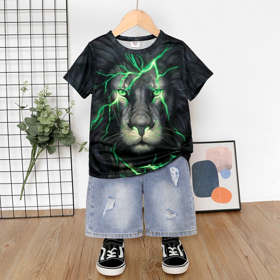 Kid Boy Animal Lion Print Short-sleeve Black Tee / Ripped Denim Shorts Black big image 4