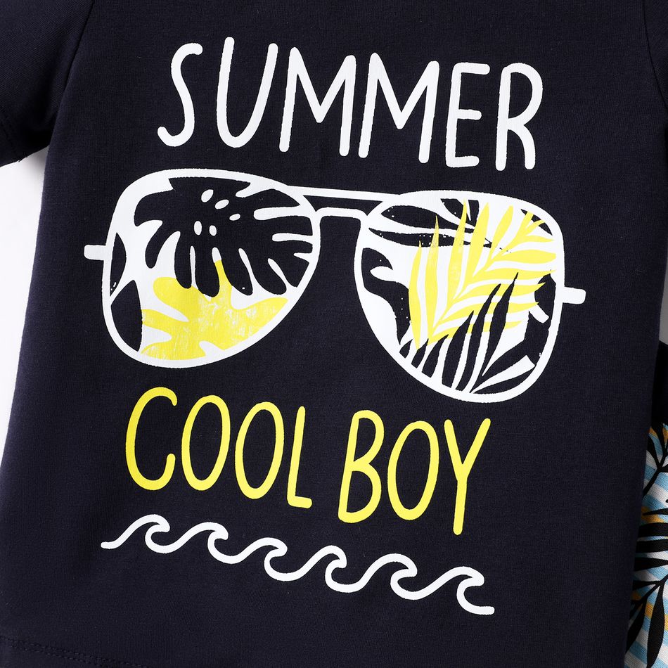 2pcs Toddler Boy Letter Print Short-sleeve Tee and Leaf Print Shorts Set Tibetan blue big image 4