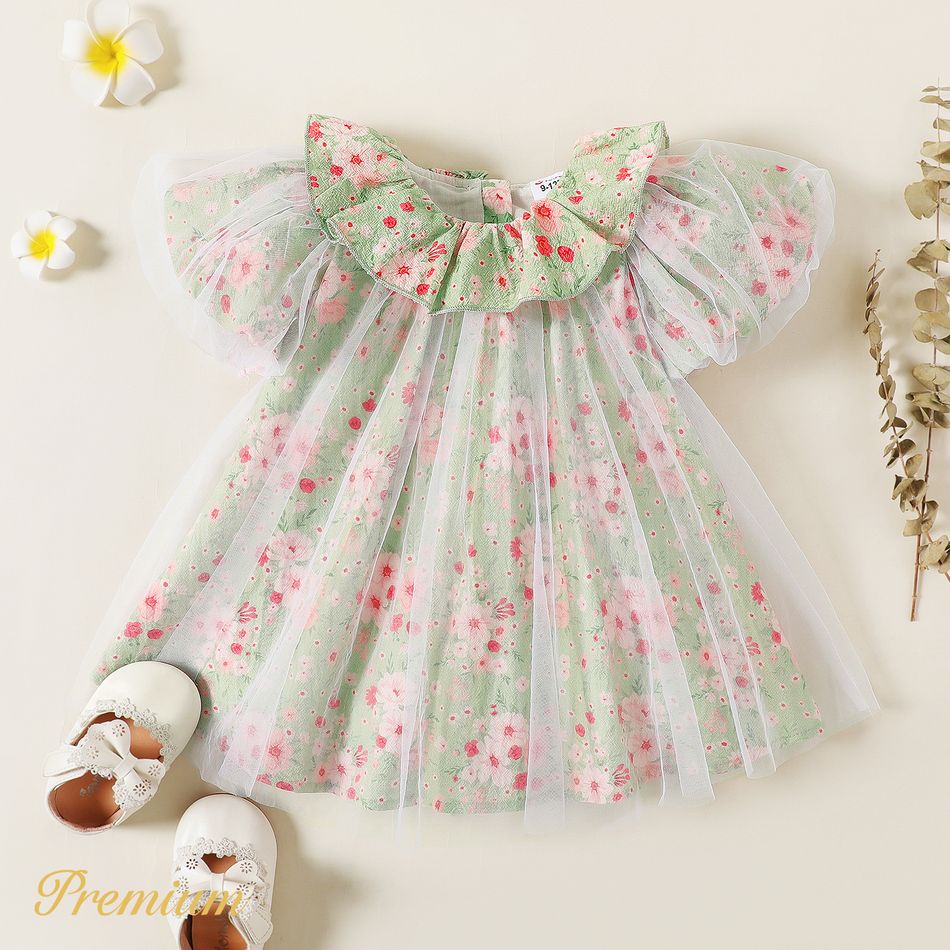 Baby Girl 100% Cotton Allover Floral Print Ruffled Collar Puff-sleeve Mesh Dress GrayGreen