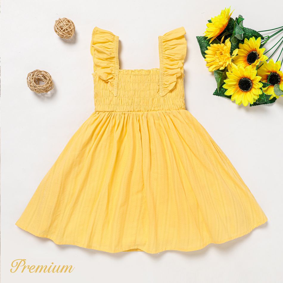 Toddler Girl Ruffled Smocked Floral Print/ Yellow Flutter-sleeve Dress Yellow