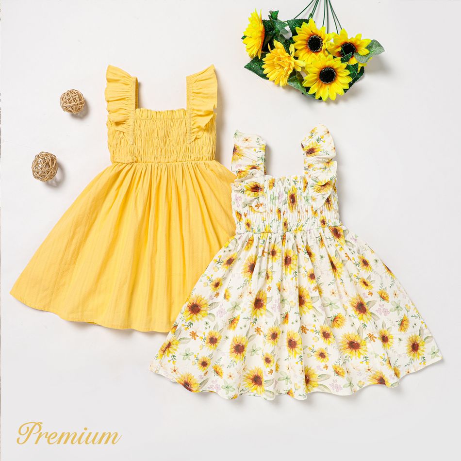 Toddler Girl Ruffled Smocked Floral Print/ Yellow Flutter-sleeve Dress Yellow big image 2