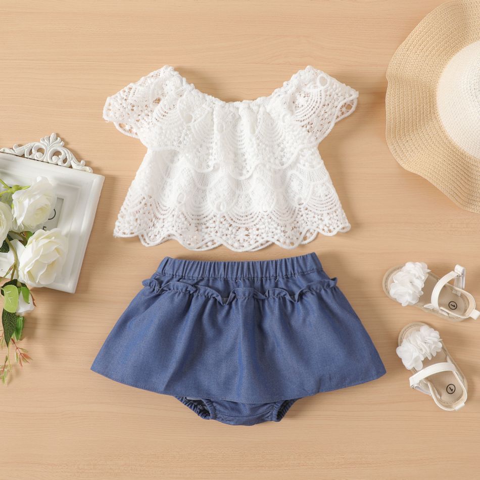 2pcs Baby Girl Solid Off Shoulder Lace Top and Shorts Set White