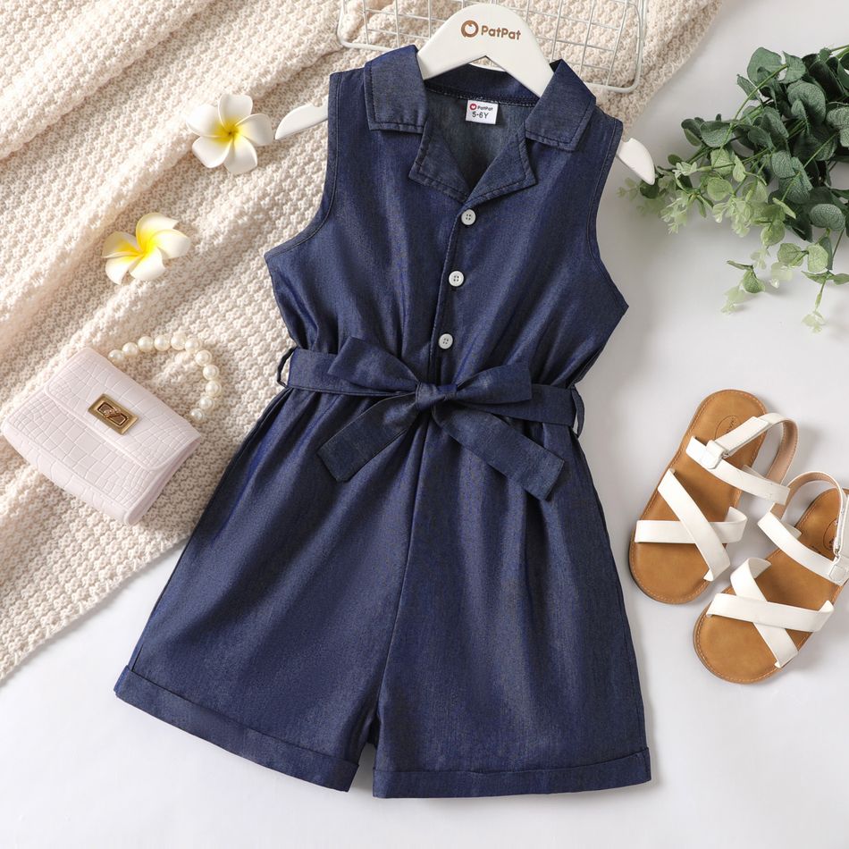 Kid Girl Blue Sleeveless Belted Shirt Romper Blue big image 1