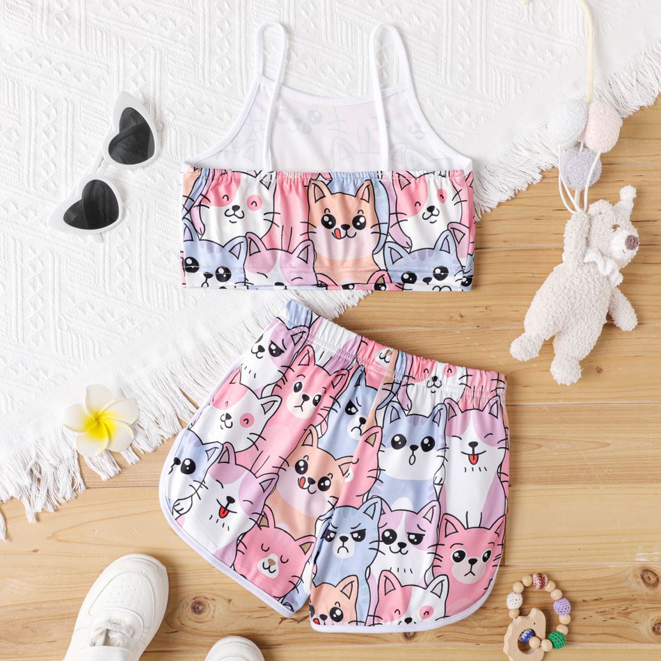 Kid Girl Cute Cat Print Camisole and Shorts Set Pink big image 2