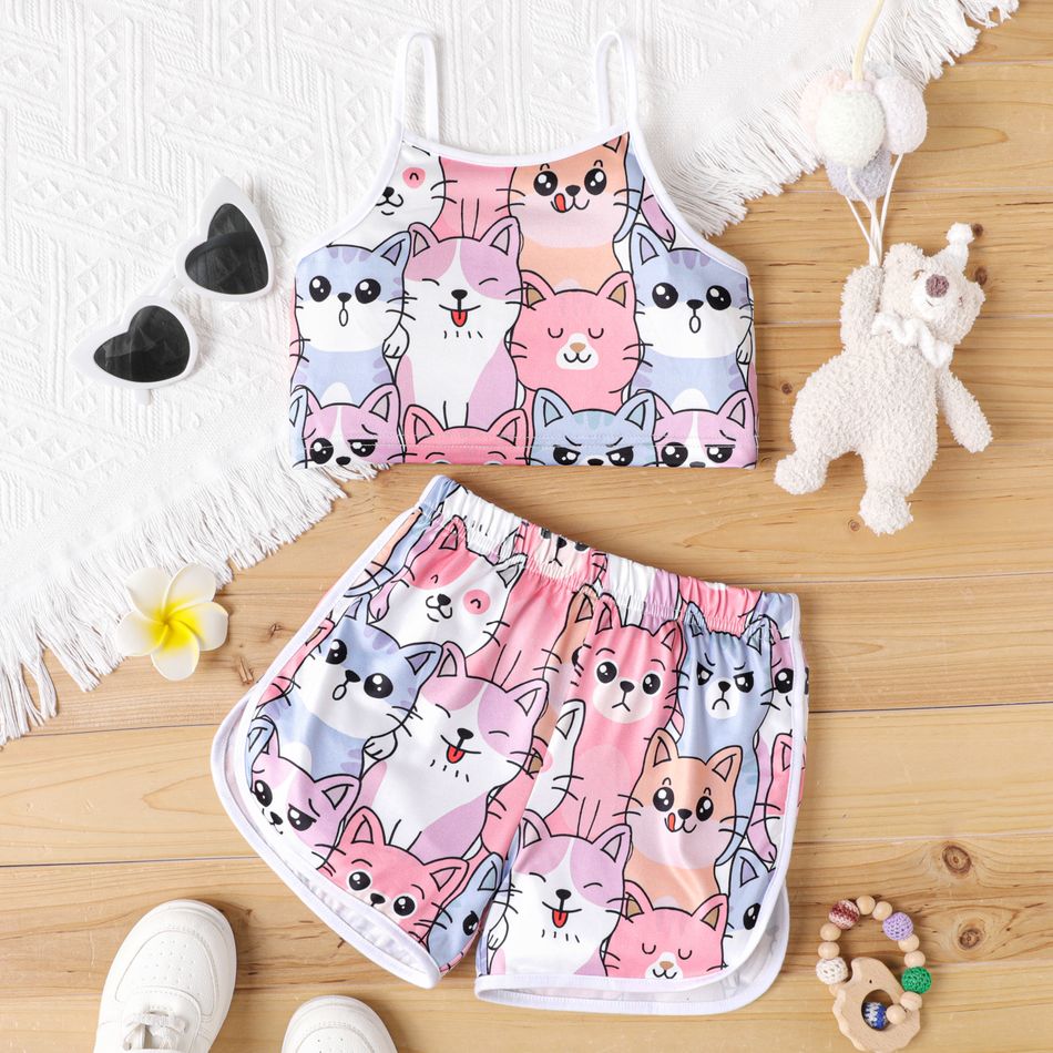 Kid Girl Cute Cat Print Camisole and Shorts Set Pink