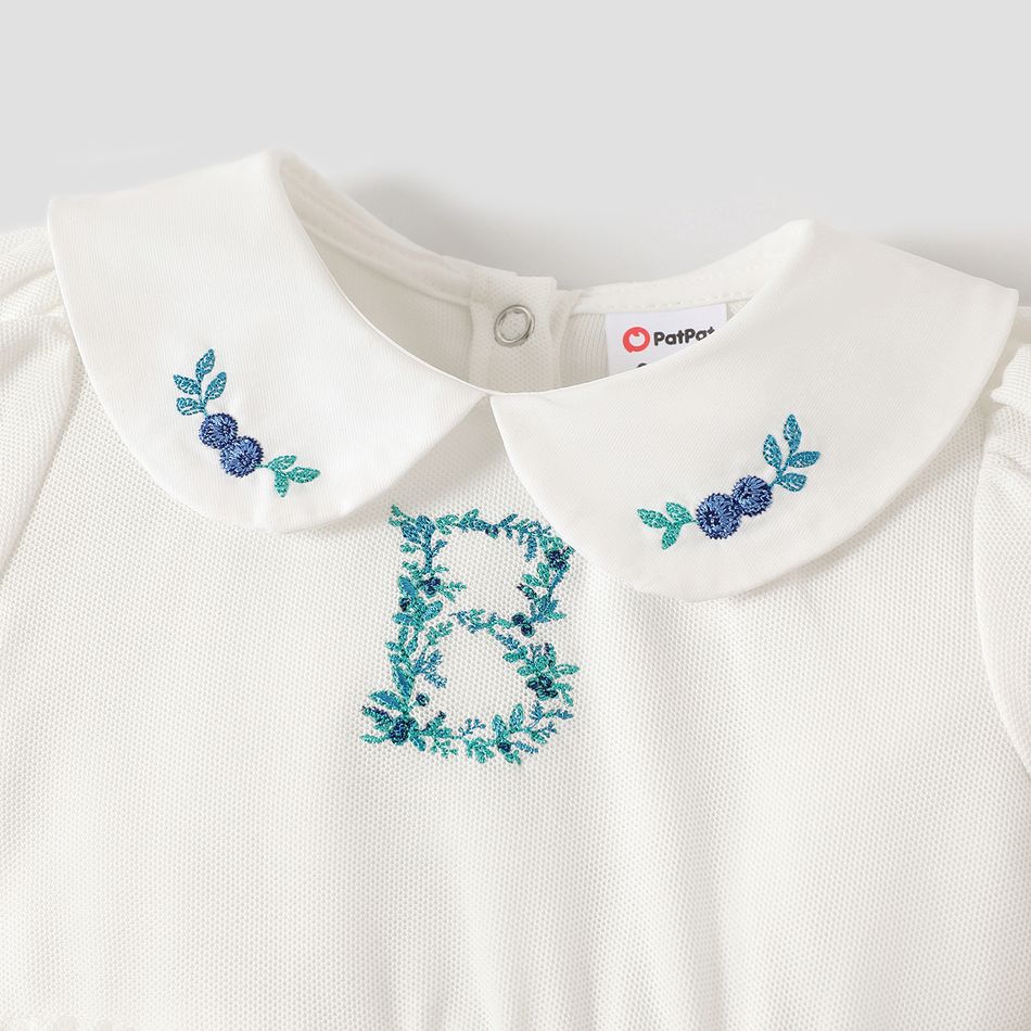 Baby Girl Embroidered Detail Peter Pan Collar Puff-sleeve Romper White big image 3