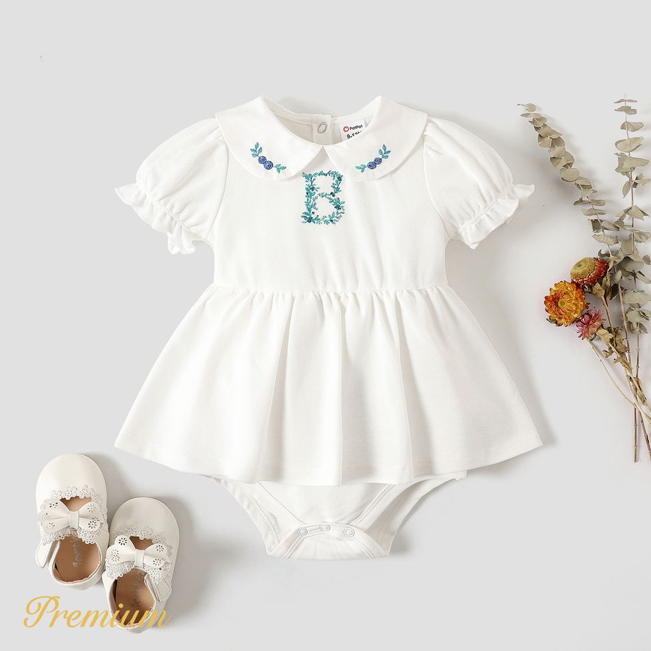 Baby Girl Embroidered Detail Peter Pan Collar Puff-sleeve Romper White big image 1