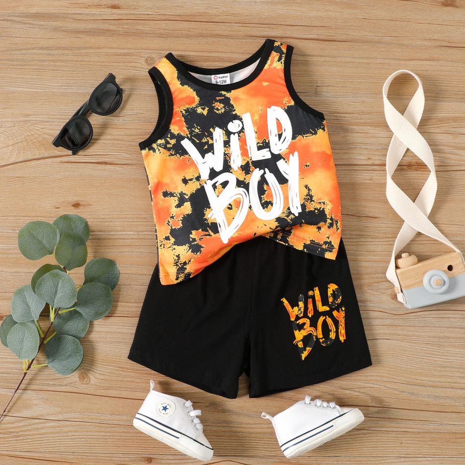 2pcs Baby Boy Letter Print Naia™ Tank Top and Cotton Shorts Set Orange big image 1