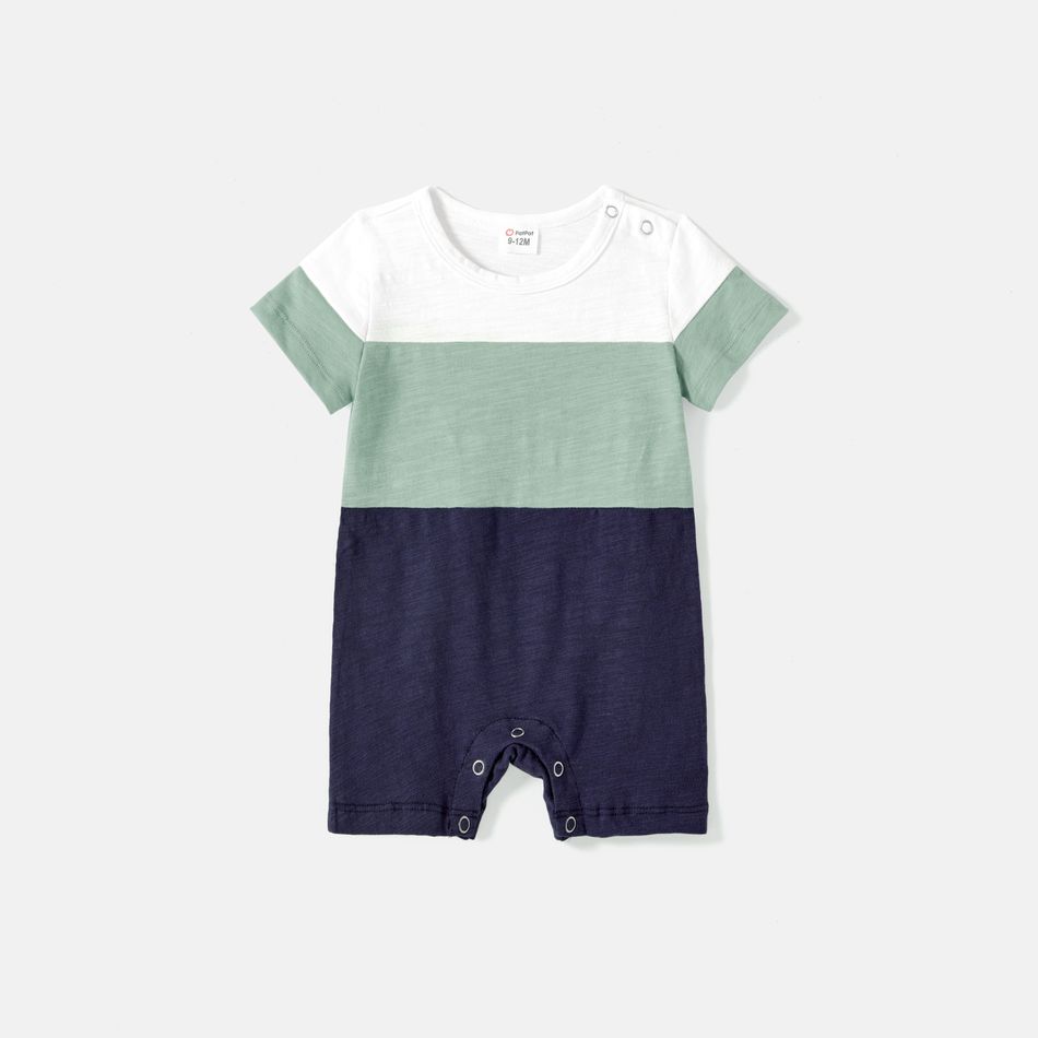 Family Matching Solid Cotton Button Front Drawstring Tank Dresses and Short-sleeve Colorblock T-shirts Sets GrayGreen big image 2