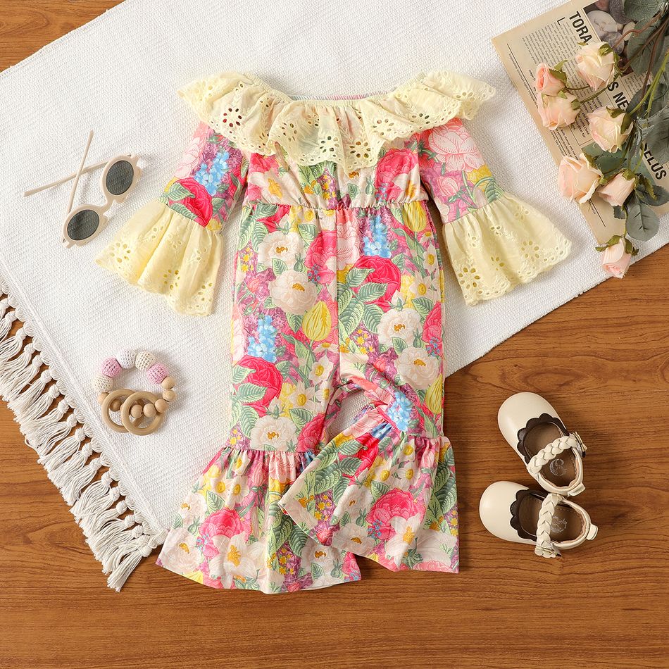 Naia™ Baby Girl Floral Print Ruffled Off Shoulder Flare-sleeve Bell Bottom Jumpsuit Colorful big image 1