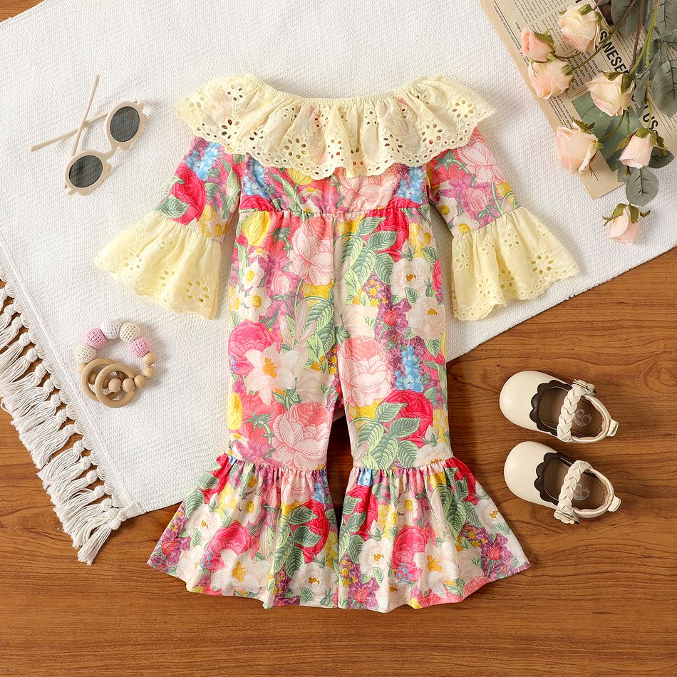 Naia™ Baby Girl Floral Print Ruffled Off Shoulder Flare-sleeve Bell Bottom Jumpsuit Colorful big image 2