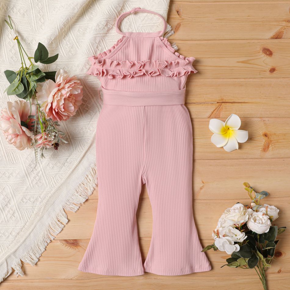 2pcs Baby Girl Cotton Ribbed Ruffle Trim Halter Sleeveless Bell Bottom Jumpsuit & Belt Set Pink big image 3