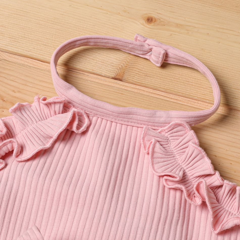 2pcs Baby Girl Cotton Ribbed Ruffle Trim Halter Sleeveless Bell Bottom Jumpsuit & Belt Set Pink big image 4