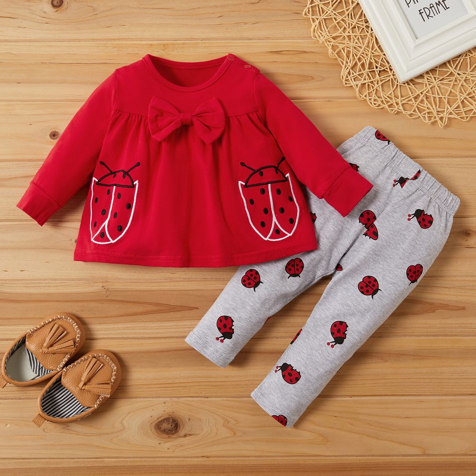 2pcs Ladybug Pattern Bowknot Decor Long-sleeve Baby Set Red