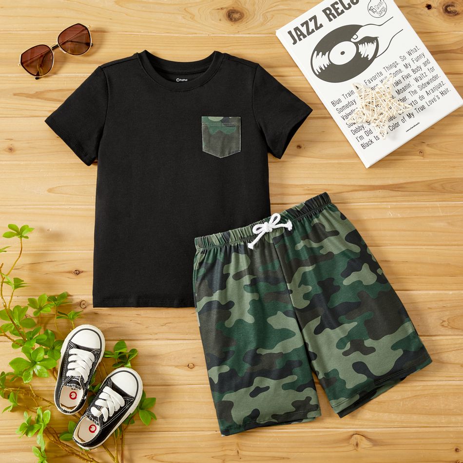 Naia 2pcs Toddler/Kid Boy Pocket Design Short-sleeve Tee and Camouflage Print Shorts Set Black big image 2
