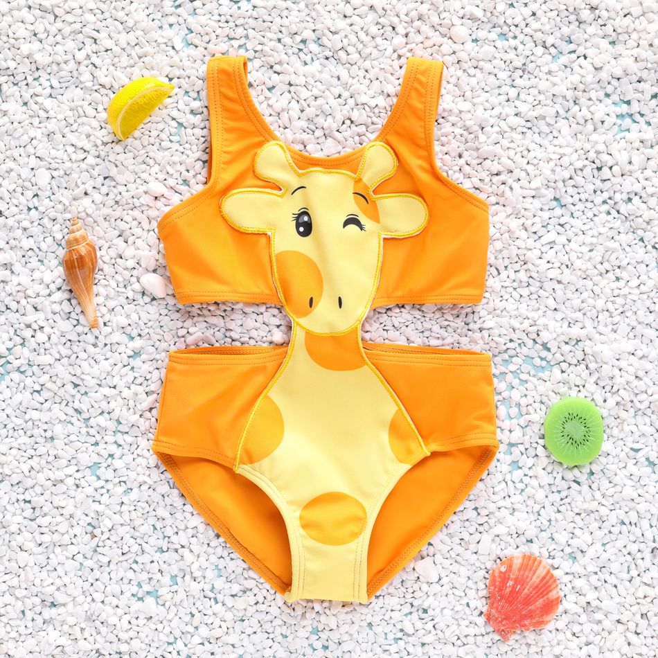 Toddler Girl Playful Giraffe Design Sleeveless Onepiece Swimsuit Orange big image 3