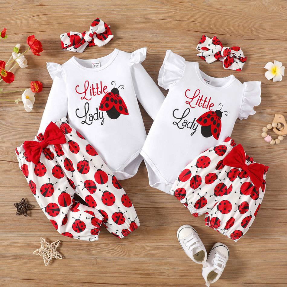 3pcs Baby Girl 95% Cotton Long-sleeve or Short-sleeve Ladybug Print Rompers Sets White-A