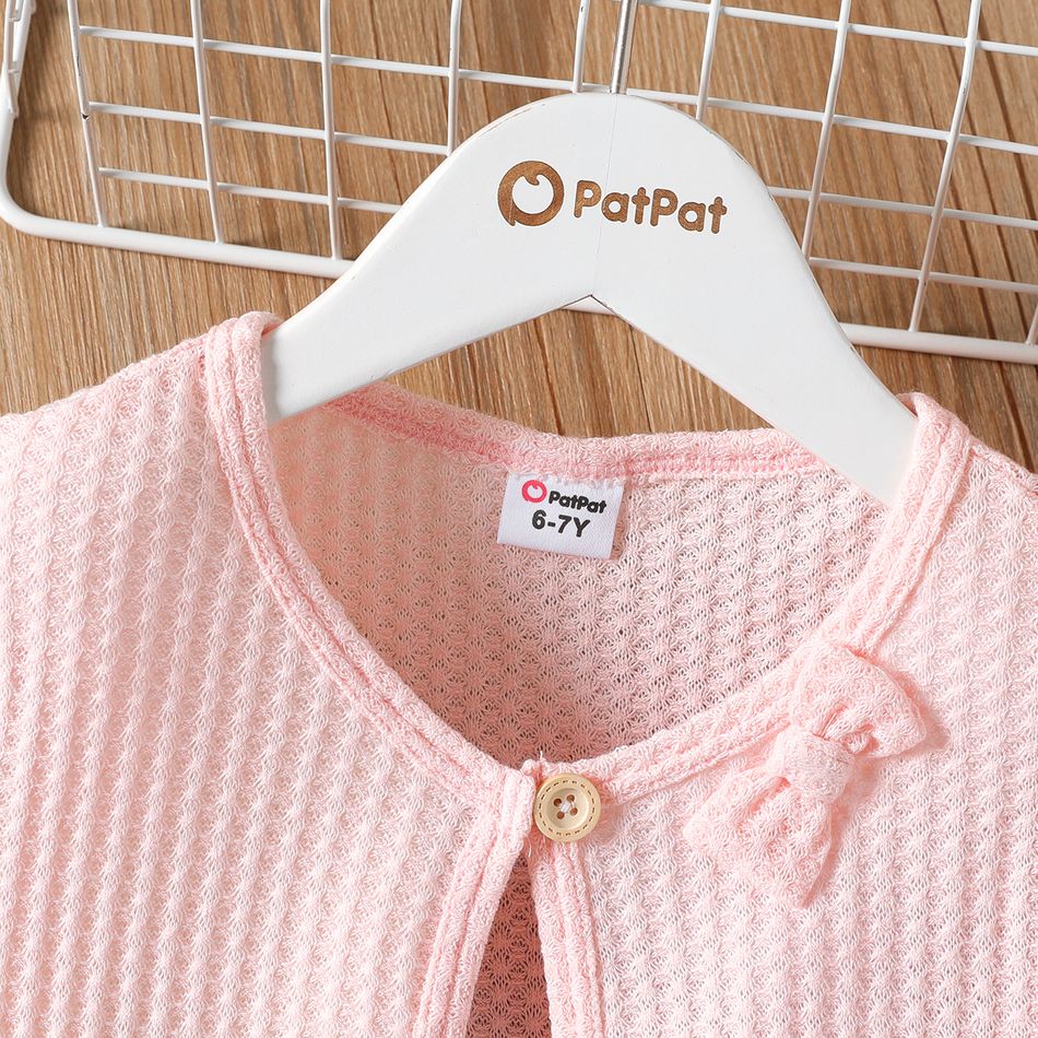 Eco-friendly RPET Fabric Toddler/Kid Girl Solid Color Bowknot Design Waffle Cardigan Pink big image 3