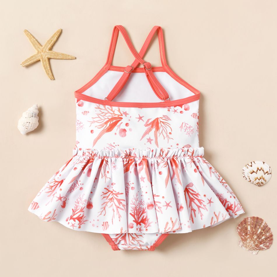 Baby Girl Allover Ocean Animals Print Spaghetti Strap One-piece Swimsuit PinkyWhite big image 2
