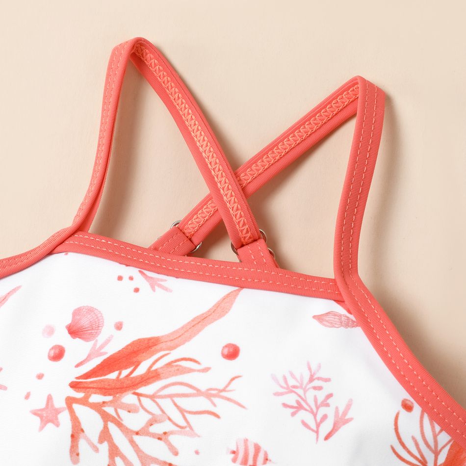 Baby Girl Allover Ocean Animals Print Spaghetti Strap One-piece Swimsuit PinkyWhite big image 3