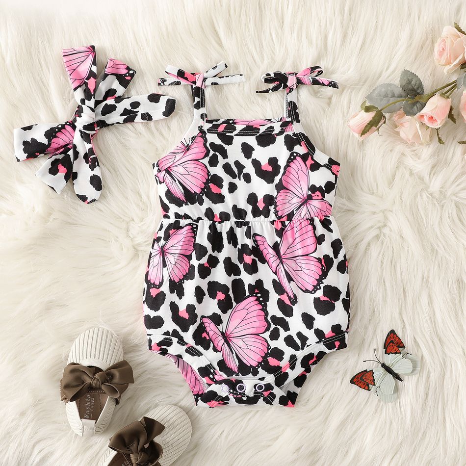 2pcs Baby Girl Allover Butterfly & Leopard Print Cami Romper & Headband Set Black big image 1