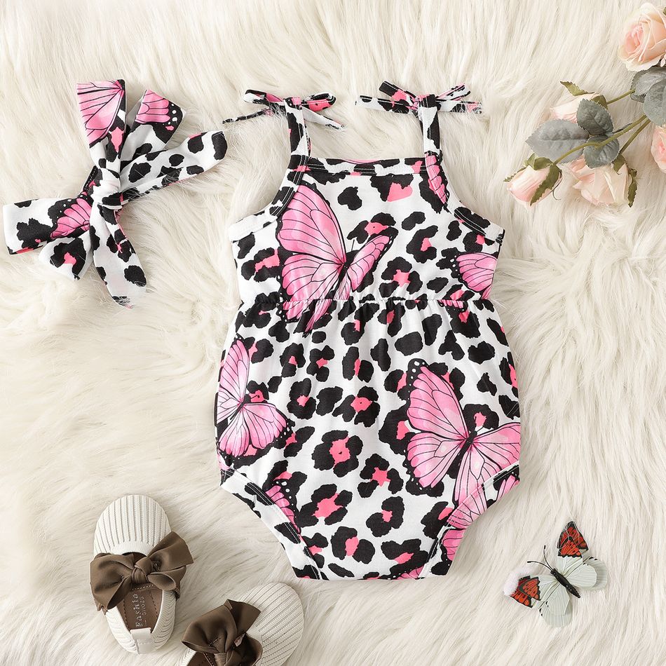 2pcs Baby Girl Allover Butterfly & Leopard Print Cami Romper & Headband Set Black big image 2
