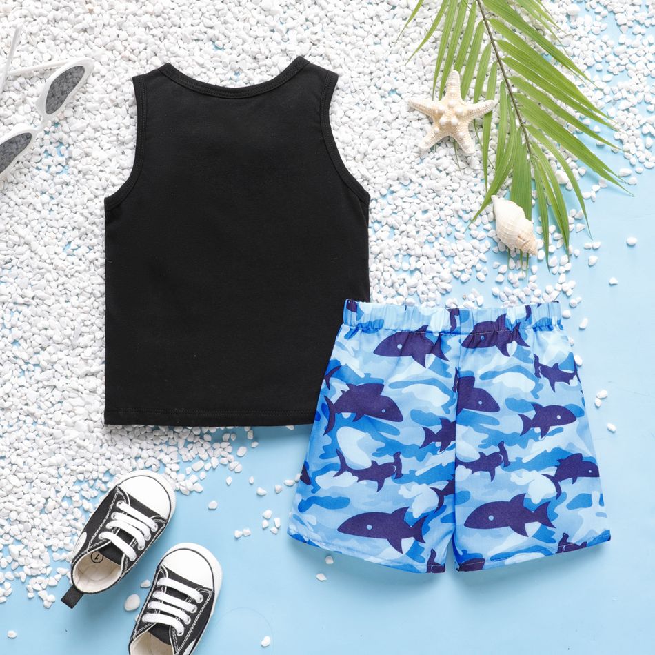 2pcs Baby Boy Cotton Shark & Letter Graphic Tank Top and Allover Print Shorts Set ColorBlock big image 2
