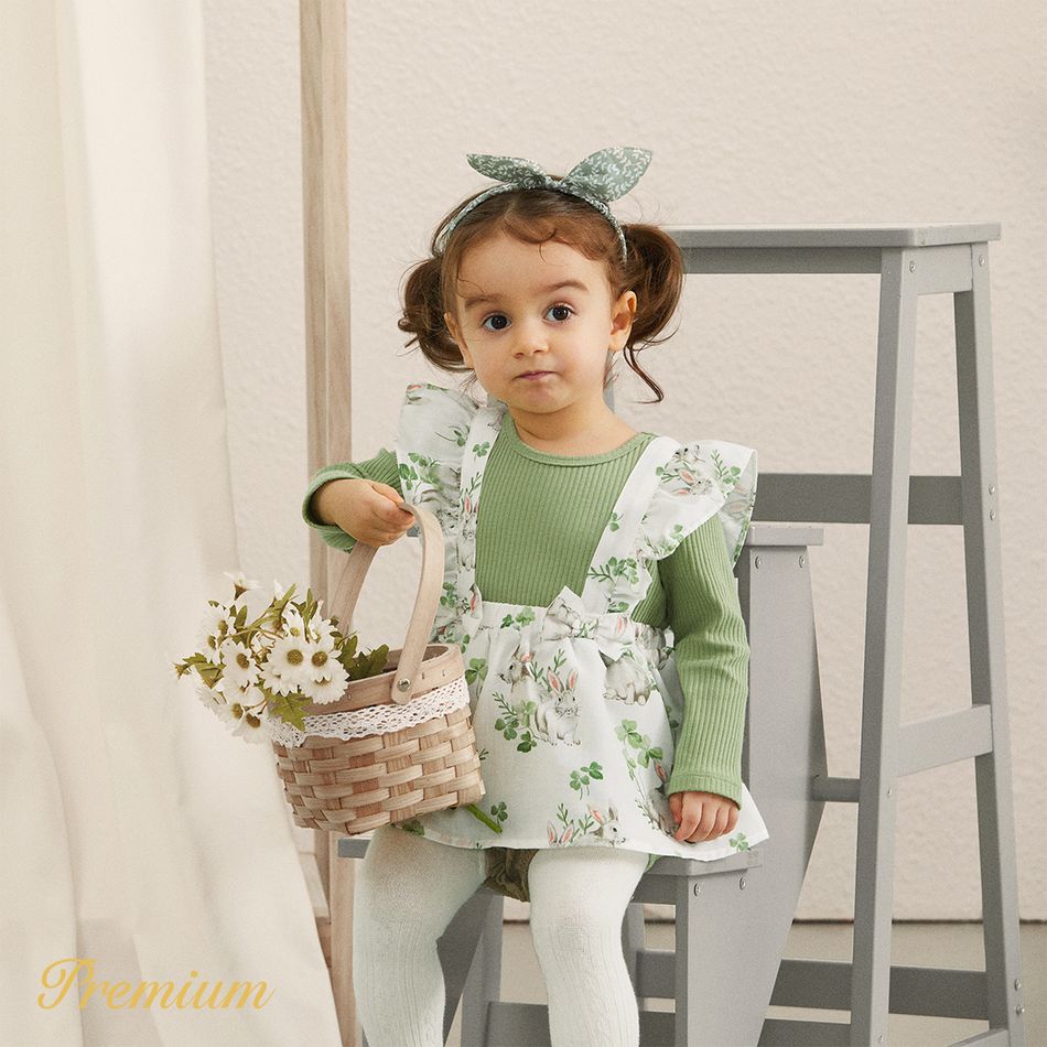 Easter Baby Girl Solid Cotton Ribbed Spliced Rabbit Print Ruffle Trim Long-sleeve Dress Green big image 2