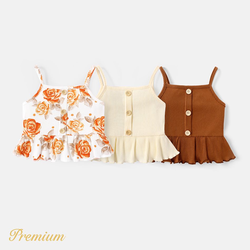 Baby Girl Button Front Solid or Floral Print Cotton Ribbed Ruffle Hem Cami Top White big image 2
