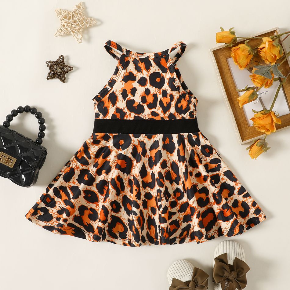 Baby Girl Leopard Print Halter Sleeveless Dress Brown big image 2