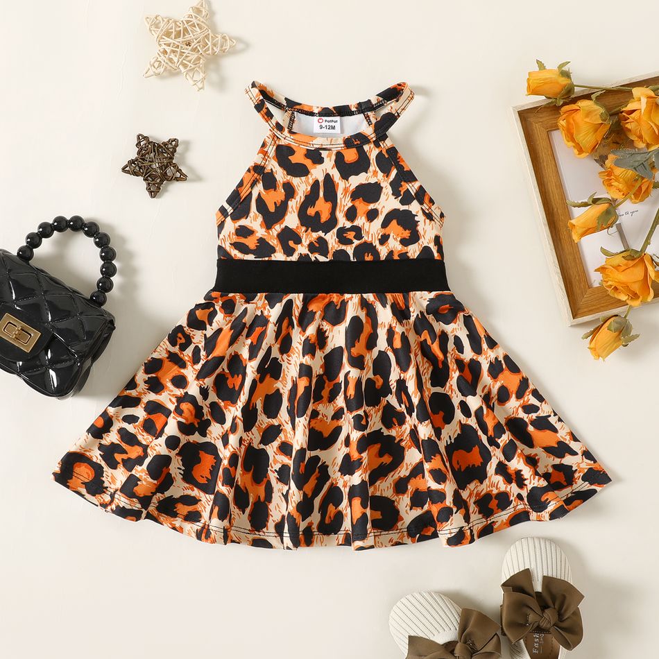 Baby Girl Leopard Print Halter Sleeveless Dress Brown big image 1