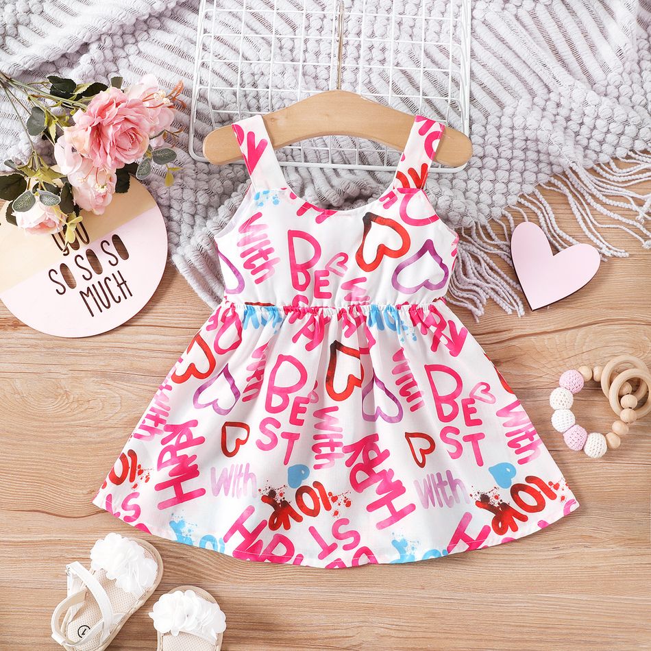 Baby Girl Allover Letter Print Bow Front Cut Out Sleeveless Dress White big image 2