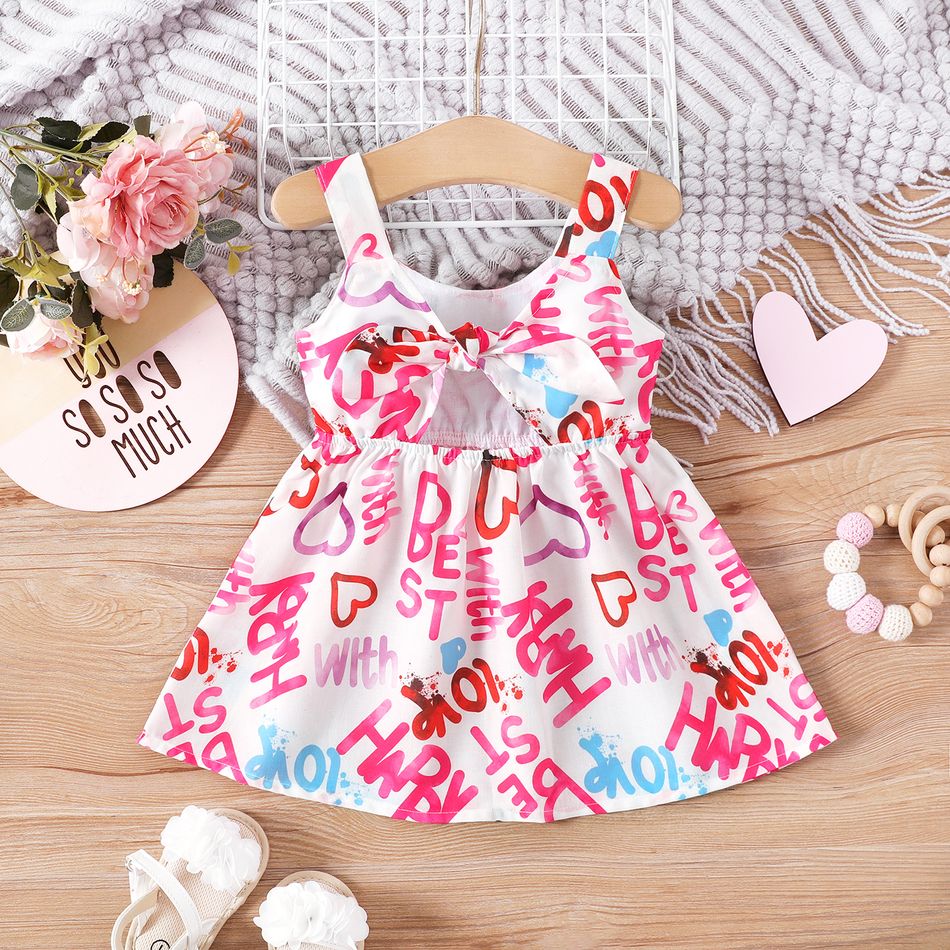 Baby Girl Allover Letter Print Bow Front Cut Out Sleeveless Dress White big image 1