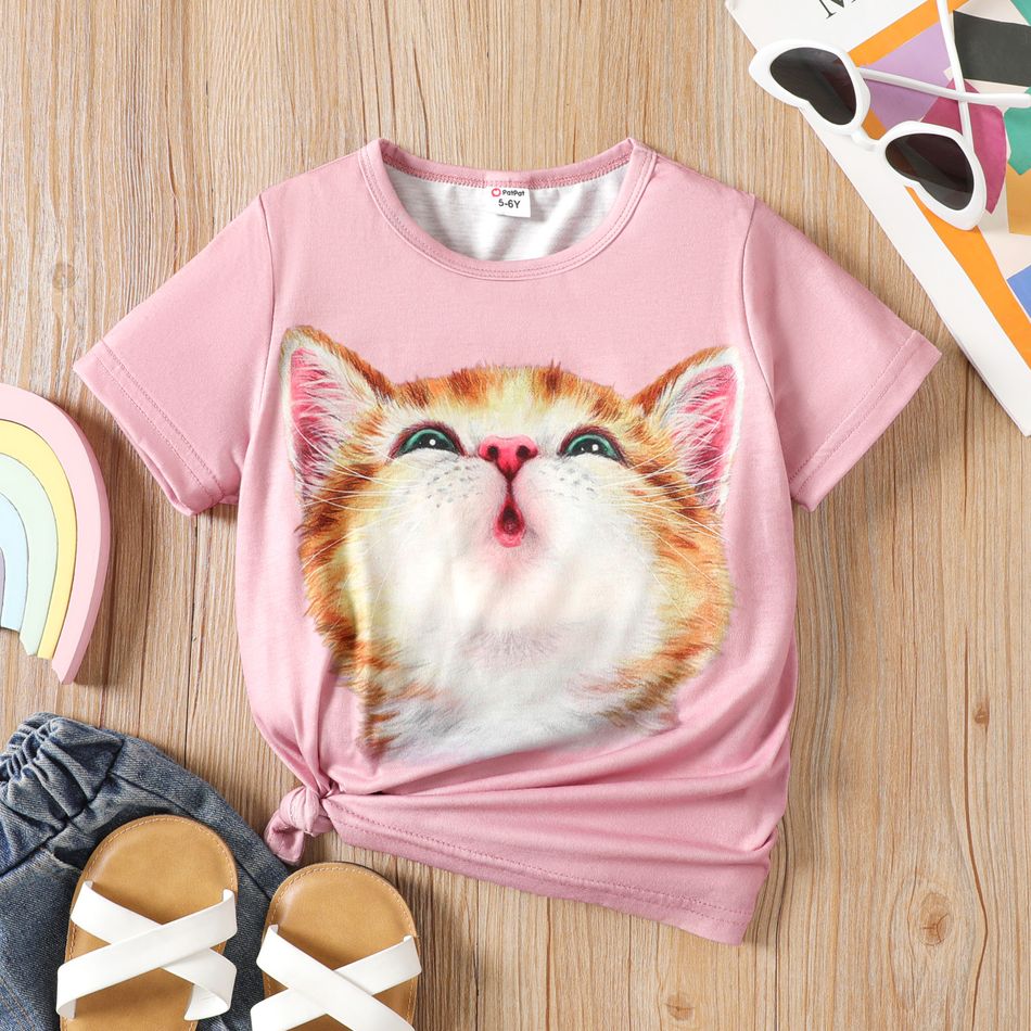 Kid Girl Cute Cat Print Short-sleeve Top Pink big image 1
