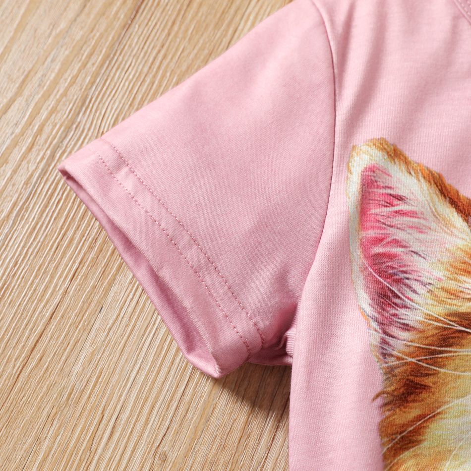 Kid Girl Cute Cat Print Short-sleeve Top Pink big image 5