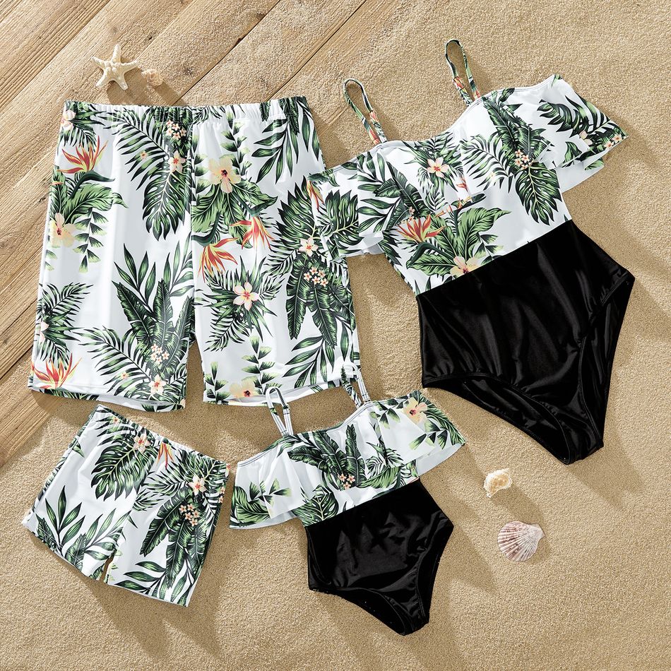 One Piece Plant Printed Family Matching Swimsuit White