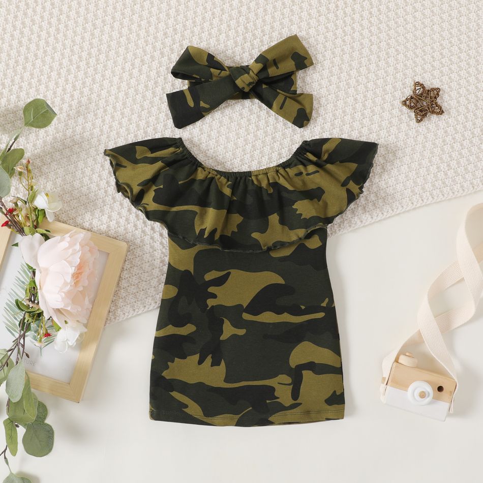 2pcs Baby Girl 95% Cotton Camouflage Print Ruffle Collar Sleeveless Dress & Headband Set Camouflage big image 1