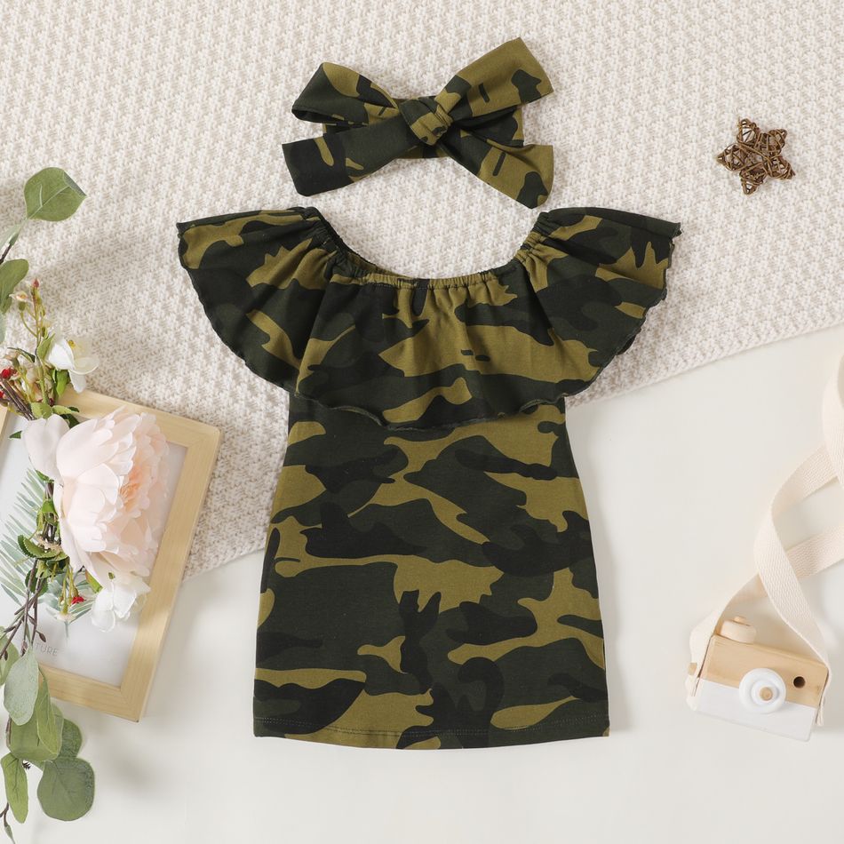 2pcs Baby Girl 95% Cotton Camouflage Print Ruffle Collar Sleeveless Dress & Headband Set Camouflage big image 2