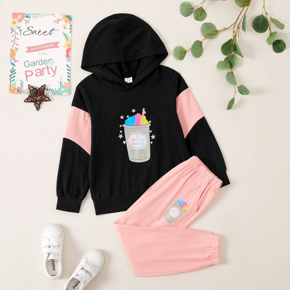 2-piece Kid Girl Colorblock Letter Star Food Print Hoodie and Elasticized Casual Pants with Pocket Set Black