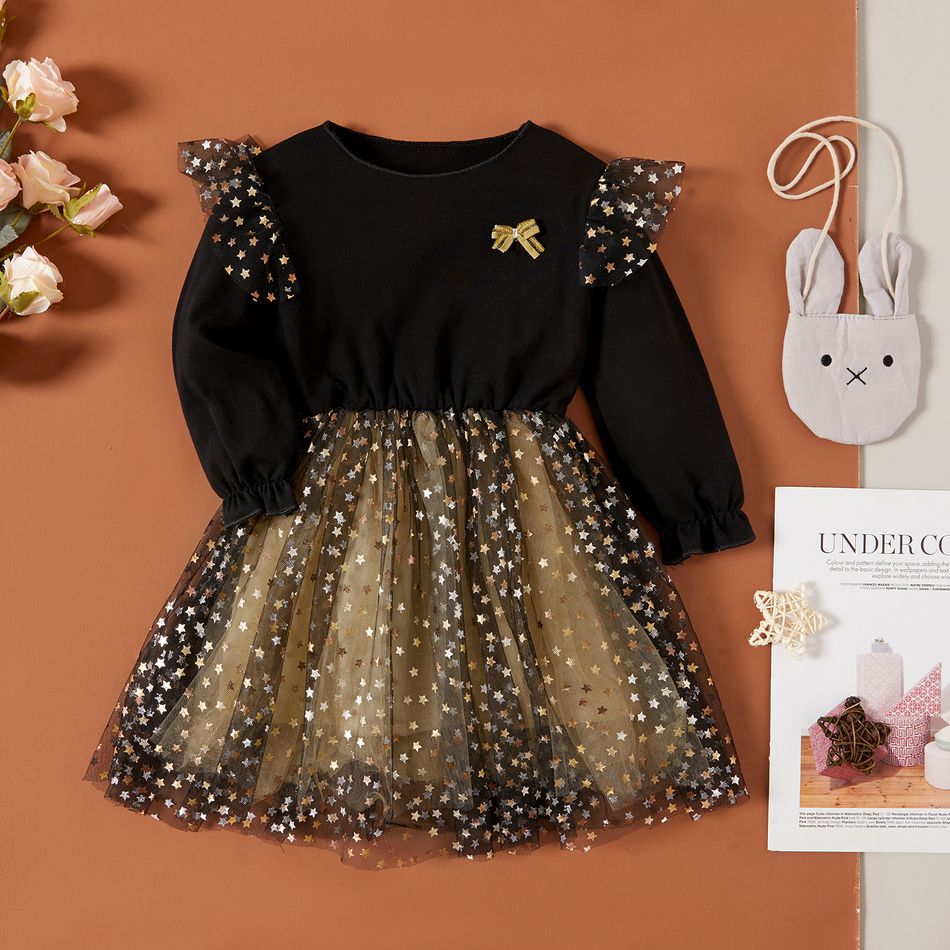 1-piece Toddler Girl Star Glitter Design Mesh Splice Dress/ Elasticized Leggings Black big image 1
