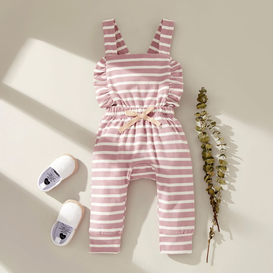 Stripe Print Ruffle Decor Sleeveless Baby Jumpsuit Rosy