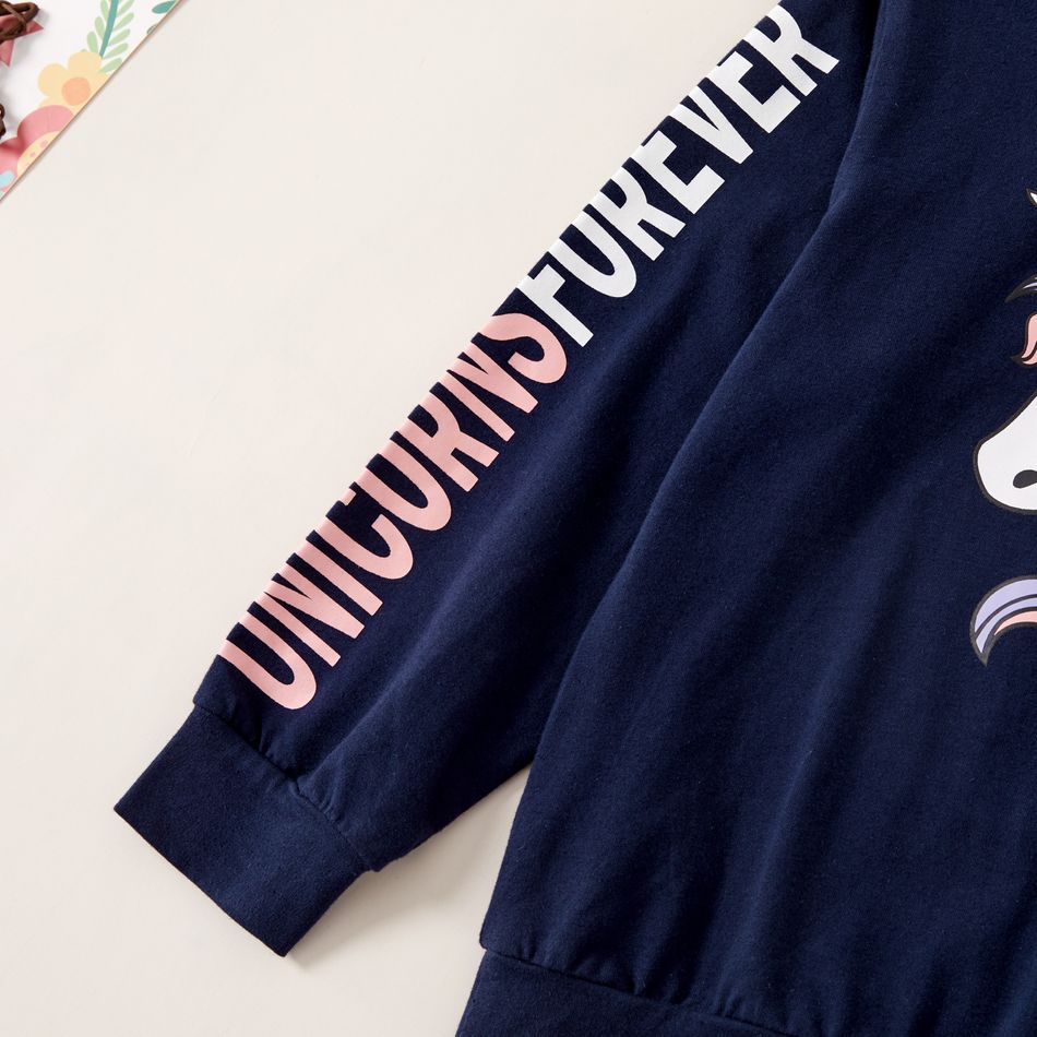 Unicorn Print Hooded Sweatshirt and Letter Pants Set for Toddlers/Kids Dark Blue big image 6