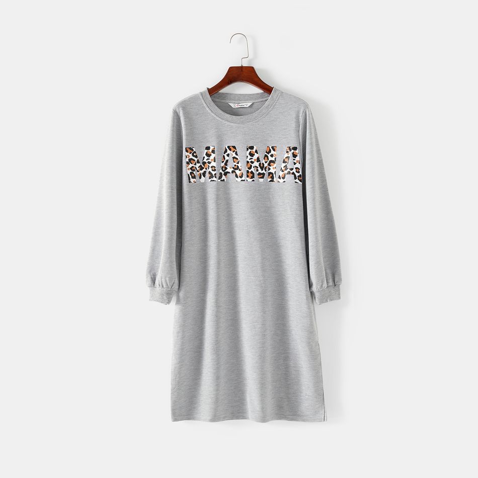 Leopard Letter Print Long-sleeve Sweatshirt Dress for Mom and Me Grey big image 2