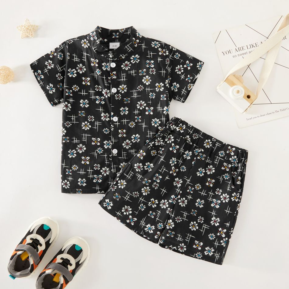 2-piece Toddler Boy Vintage Floral Print Shirt Set Black