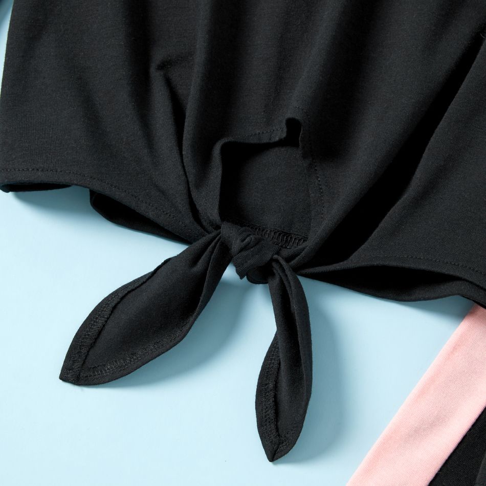 2-piece Kid Girl Letter Print Tie Knot Long-sleeve Tee and Colorblock Pants Set Black big image 3