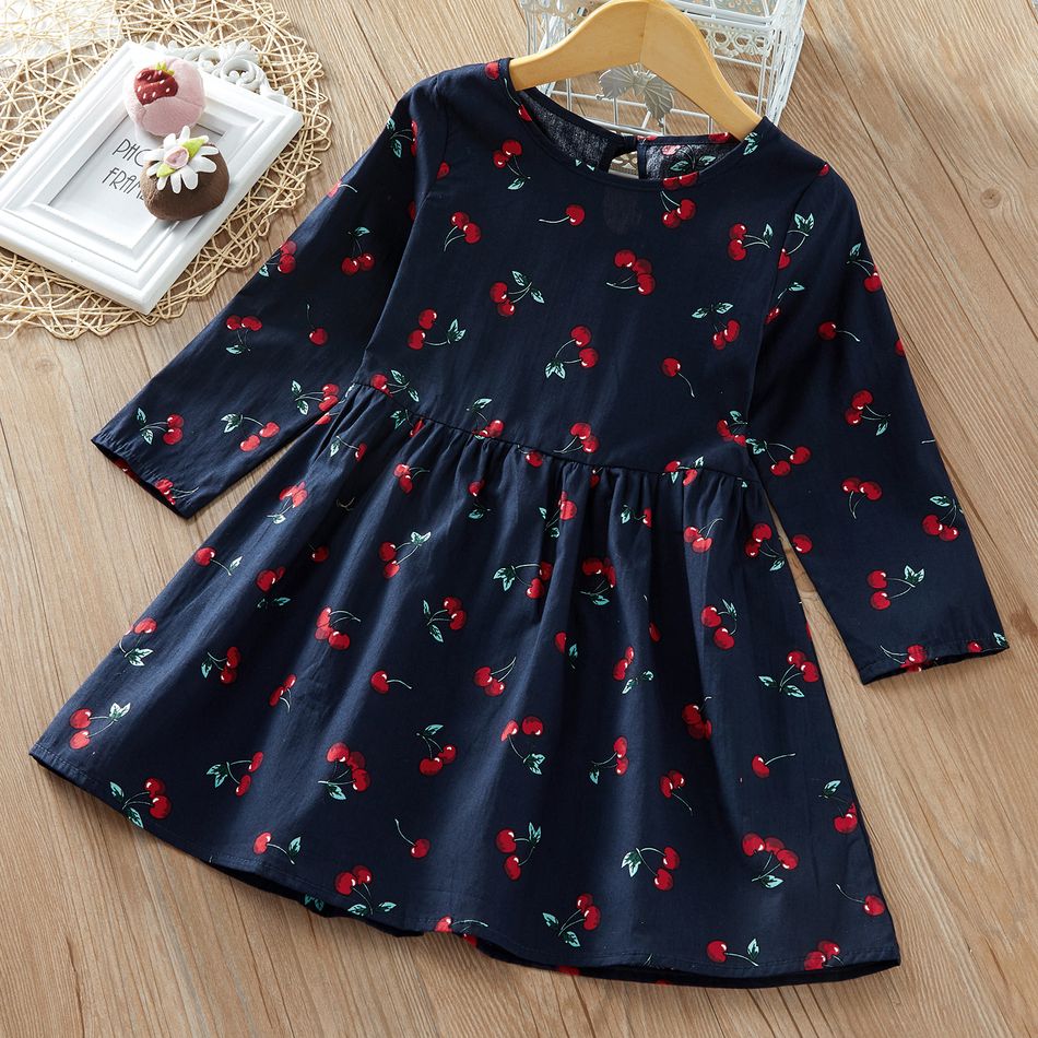 Baby / Toddler Girl Cherry Print Long-sleeve Dress Dark Blue/white